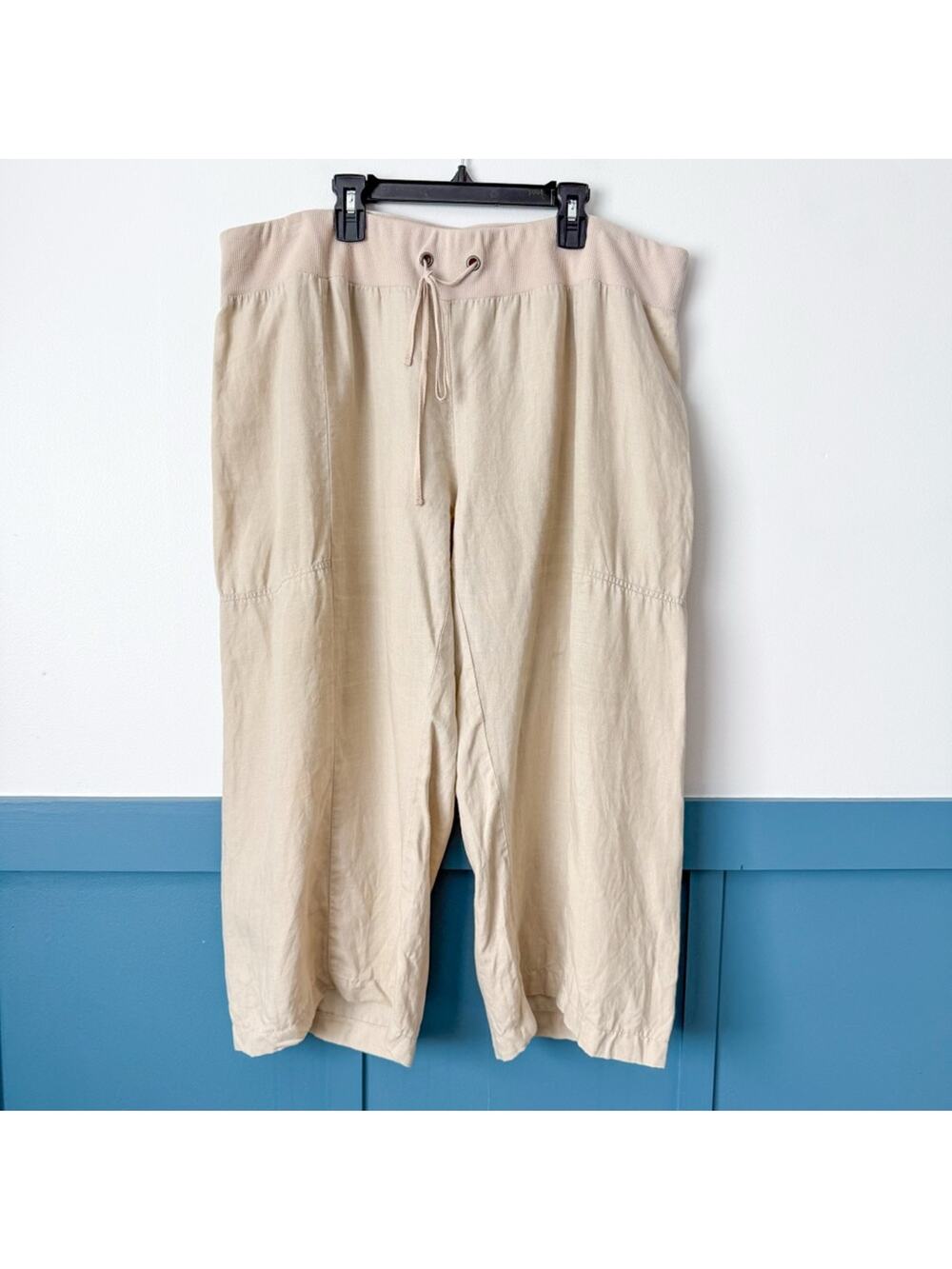 Eileen Fisher Womens 1X Pull-On Cropped Pants Khaki Straight Leg Drawstring